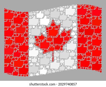 Mosaic waving Canada flag created with like icons. Vector election mosaic waving Canada flag created for political propaganda. Canada flag collage is formed of randomized like icons.