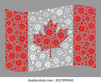 Mosaic waving Canada flag designed of bacterium items. Vector covid-2019 collage waving Canada flag designed for medicare illustrations. Designed for political or patriotic doctrines.