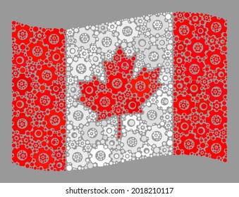 Mosaic waving Canada flag designed with technology icons. Vector gear collage waving Canada flag organized for service illustrations. Canada flag collage is organized with randomized service icons.