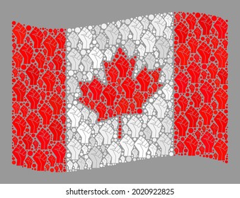 Mosaic waving Canada flag designed of riot hand items. Riot fist vector collage windy Canada flag organized for freedom projects. Designed for political and patriotic purposes.