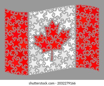 Mosaic waving Canada flag designed with star icons. Vector starred mosaic waving Canada flag constructed for holiday posters. Canada flag collage is designed with scattered stars.
