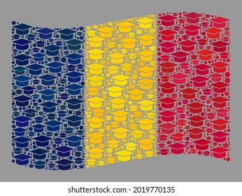 Bandera de Chad ondeada por mosaicos, construida con iconos de gorras estudiantiles. Bandera de Chad, de viento en collage, vector estudiantil, creada para aplicaciones de doctorado. El collage de la bandera de Chad está diseñado con elementos de tope de aprendizaje al azar.