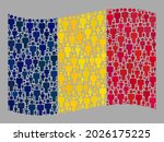Mosaic waving Chad flag created of person elements. Vector crowd collage waving Chad flag designed for demographics posters. Chad flag collage is designed of randomized crowd icons.