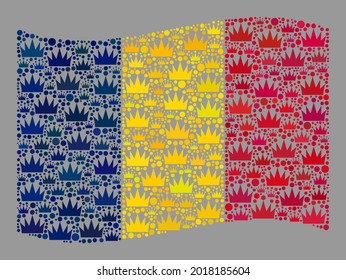 Mosaic waving Chad flag created with crown items. Royalty vector collage waving Chad flag created for victorian purposes. Designed for political and patriotic agitation.