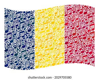 Mosaic waving Chad flag designed with melody symbols. Vector musical collage waving Chad flag designed for performance purposes. Chad flag collage is constructed from scattered melody icons.