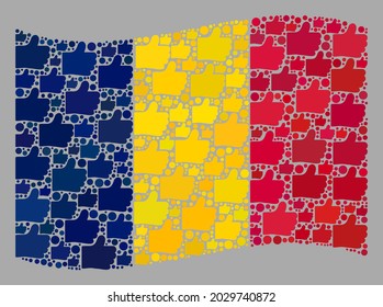 Mosaic waving Chad flag designed with thumb up icons. Vector confirmation mosaic waving Chad flag designed for politics purposes. Chad flag collage is created with randomized thumb up items.