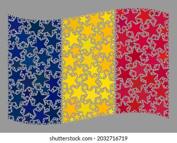 Mosaic waving Chad flag designed of star items. Vector starred mosaic waving Chad flag designed for holiday projects. Chad flag collage is made of random stars.