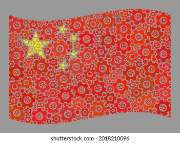 Mosaic waving China flag created of service icons. Vector cog mosaic waving China flag done for production wallpapers. China flag collage is done with randomized service icons.