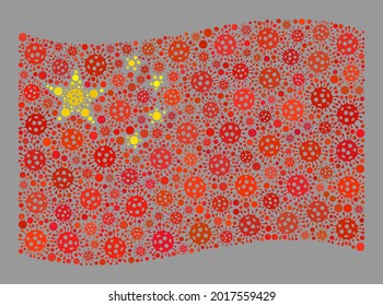 Mosaic waving China flag designed with bacilla items. Vector coronavirus collage waving China flag organized for inoculation advertisement. Designed for political or patriotic agitprop.