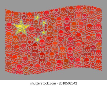 Mosaic waving China flag designed with death icons. Death vector waving collage China flag organized for caution propaganda. Designed for political or patriotic projects.