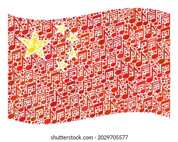 Mosaic waving China flag designed with melody signs. Vector melody collage waving China flag organized for club illustrations. China flag collage is designed with randomized song icons.