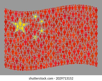 Mosaic Waving China Flag Designed With Men Icons. Vector Demographic Collage Waving China Flag Done For Political Advertisement. China Flag Collage Is Designed With Randomized Human Items.