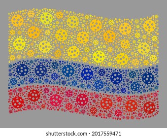 Bandera colombiana de mosaico diseñada con elementos contagiosos. Collage del vector covid-2019 ondeando la bandera de Colombia organizado para proyectos de bloqueo. Diseñado para una agitación política o patriótica.