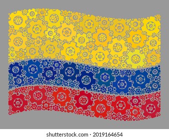Bandera colombiana de ondear mosaico diseñada con elementos de control. Collage de vectores ondeando la bandera de Colombia diseñada para aplicaciones de desarrollo.