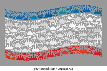 Mosaic waving Crimea flag constructed with royal items. Royalty vector collage waving Crimea flag designed for nobility purposes. Designed for political or patriotic doctrines.