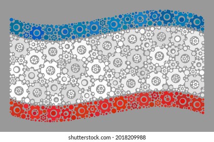 Bandera de Crimea ondulada por mosaicos creada con elementos de servicio. Mosaico de motor vectorial ondeando la bandera de Crimea hecho para propaganda de servicio. El collage de la bandera de Crimea está diseñado con íconos aleatorios del motor.