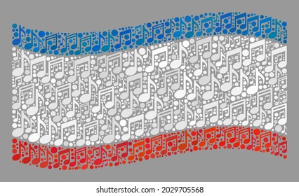 Mosaic waving Crimea flag designed with musical notation symbols. Vector musical collage waving Crimea flag designed for club advertisement. Crimea flag collage is made from random musical icons.