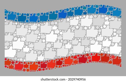 Mosaik winkende Krim-Fahne, die aus ähnlichen Elementen entworfen wurde. Vektorbestätigung Collage winkend Krim Flagge für politische Anwendungen. Krim-Fahnenkollage besteht aus randomisierten Fahndungsstücken.