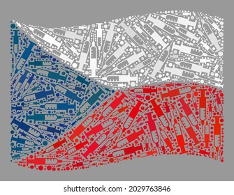 Mosaic waving Czech flag created of vaccine items. Vector vaccine collage waving Czech flag done for safety propaganda. Czech flag collage is done with random inoculation items.