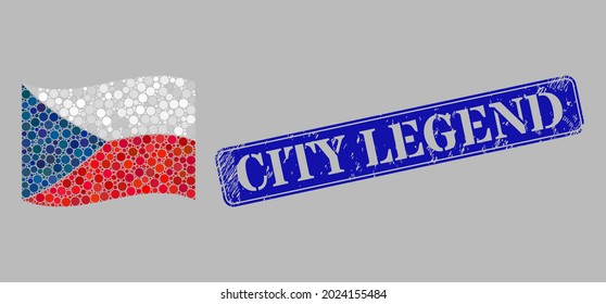 Mosaik schwingende tschechische Flagge, die aus Rundpunkten und Grunge City Legend Rechteck Siegel. Vektorkugeln werden in schwindende tschechische Flaggenzusammensetzung zusammengesetzt.