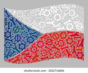 Mosaic waving Czech flag designed with development items. Vector cog, spanner mosaic waving Czech flag designed for industrial posters. Czech flag collage is made of random engine items.