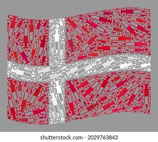 Mosaic waving Denmark flag constructed with syringe icons. Vector addiction collage waving Denmark flag constructed for isolation wallpapers.