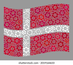 Mosaic waving Denmark flag created with mechanical icons. Vector engine mosaic waving Denmark flag organized for development purposes. Denmark flag collage is designed with randomized gear icons.