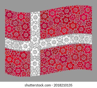 Bandera de Dinamarca ondulada por mosaicos diseñada con iconos técnicos. Colaje de engranajes vectores ondeando la bandera de Dinamarca creada para ilustraciones industriales. El collage de la bandera de Dinamarca está formado por íconos industriales dispersos.