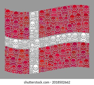 Mosaic waving Denmark flag designed of death icons. Risk vector waving mosaic Denmark flag designed for hazard wallpapers. Designed for political and patriotic posters.