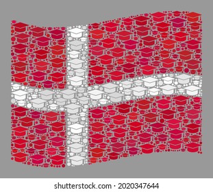 Mosaic Waving Denmark Flag Designed With Student Cap Elements. School Vector Mosaic Waving Denmark Flag Combined For Intelligence Advertisement.