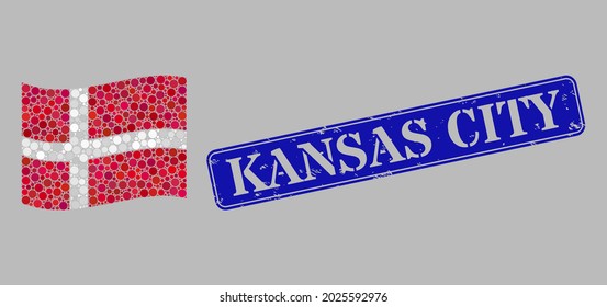 Bandera de Dinamarca ondulada por mosaicos diseñada con puntos redondos y placa rectangular de Kansas City con problemas. Se unen elementos vectoriales redondos para ondear mosaico de la bandera de Dinamarca.