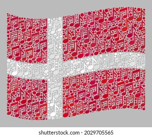 Bandera de Dinamarca ondulada por mosaicos diseñada con notas musicales. Mosaico de música vectorial ondeando la bandera de Dinamarca combinada para proyectos de performance. El collage de la bandera de Dinamarca está formado por elementos musicales al azar.