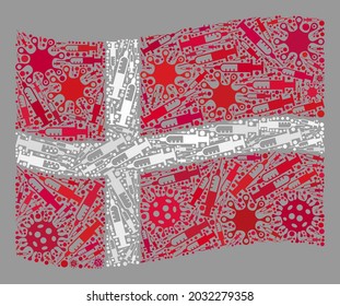 Mosaic waving Denmark flag designed with virus and syringe items. Vector covid-2019 treatment mosaic waving Denmark flag designed for quarantine posters.