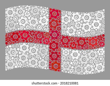Mosaic waving England flag constructed of wheel icons. Vector engine mosaic waving England flag constructed for control propaganda. England flag collage is designed of randomized industrial icons.