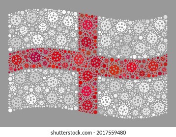 Mosaic waving England flag created of bacilla items. Vector covid mosaic waving England flag combined for health care projects. Designed for political or patriotic doctrines.