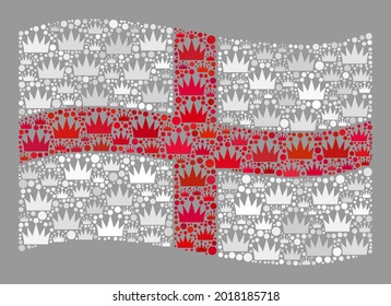 Bandera de Inglaterra ondulante mosaico creada con iconos de la corona. Mosaico vectorial de regalías ondeando la bandera de Inglaterra diseñada para propósitos del reino. Diseñado para proclamas políticas o patrióticas.