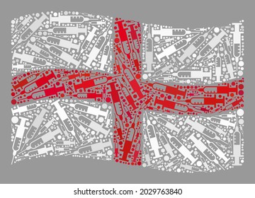 Mosaic waving England flag created with vaccine icons. Vector virus therapy mosaic waving England flag combined for epidemic propaganda. England flag collage is composed with scattered vaccine icons.