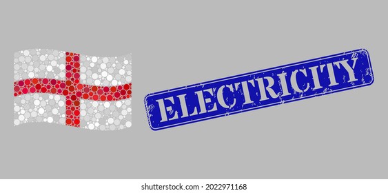 Mosaic waving England flag designed of round dots, and grunge Electricity rectangle stamp seal. Vector spheric items are composed into windy England flag mosaic.