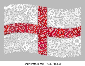 Mosaic waving England flag designed of gearwheel elements. Vector gear, wrench collage waving England flag done for development wallpapers.