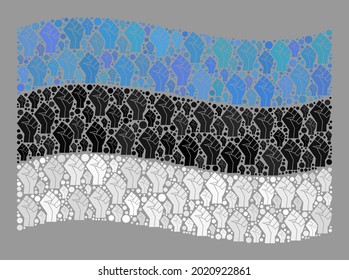 Mosaic waving Estonia flag constructed with riot hand items. Protest hand vector mosaic waving Estonia flag designed for brute force projects. Designed for political or patriotic collages.