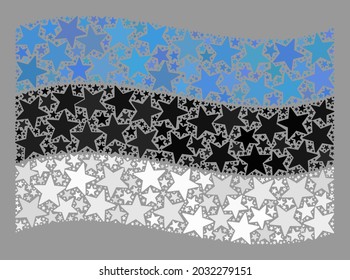 Mosaico ondeando la bandera de Estonia hecha de iconos de estrellas. Mosaico con estrella vectorial ondeando la bandera de Estonia diseñada para fondos de pantalla de vacaciones. El collage de la bandera de Estonia está construido con estrellas al azar.