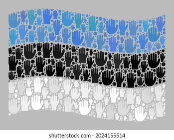 Bandera de Estonia ondulada con mosaico diseñada con objetos de palma de ayuda elevados. Collage político vector ondeando la bandera de Estonia combinado para afiches del partido. El collage de la bandera de Estonia está hecho con las manos electorales.