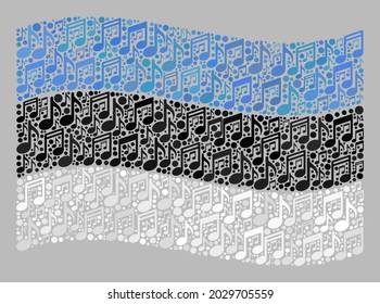 Mosaico ondeando la bandera de Estonia diseñada con íconos de música. Collage musical vectorial ondeando la bandera de Estonia organizado para aplicaciones divertidas. El collage de la bandera de Estonia está diseñado con íconos de melodía aleatorizados.