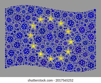 Bandera de Europa ondulada con mosaicos, construida con objetos cómodos. Vector covid-2019 con bandera de Europa construida para ilustraciones de bloqueo. Diseñado para proyectos políticos o patrióticos.