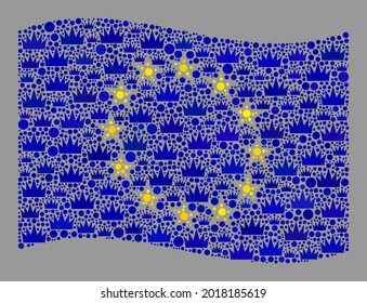 Mosaic waving Europe flag created with royal elements. Royalty vector mosaic waving Europe flag designed for victorian wallpapers. Designed for political and patriotic promotion.