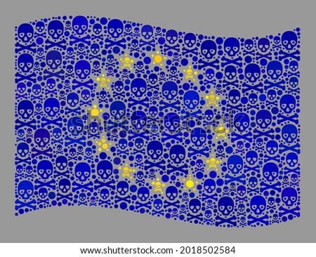Mosaic waving Europe flag designed with death items. Pirate vector waving mosaic Europe flag designed for hazard applications. Designed for political or patriotic agitprop.