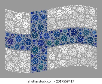 Mosaic waving Finland flag constructed of infection items. Vector covid-2019 collage waving Finland flag constructed for inoculation projects. Designed for political or patriotic propaganda.