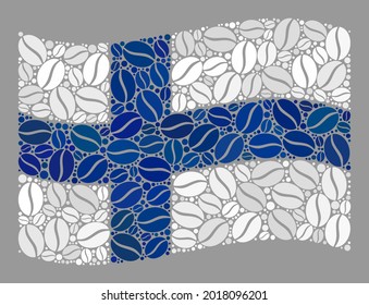 Mosaic waving Finland flag is constructed with cocoa bean elements. Vector coffee collage waving Finland flag combined for coffee shops ads.