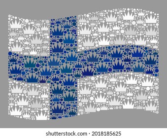 Mosaic waving Finland flag designed with royal icons. Kingdom vector mosaic waving Finland flag constructed for jewelry wallpapers. Designed for political and patriotic agitprop.