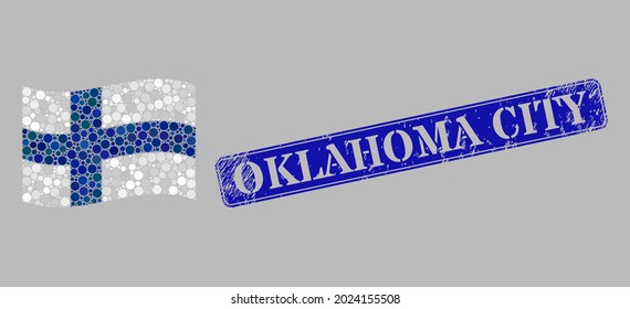 Mosaic waving Finland flag designed of round dots, and scratched Oklahoma City rectangle stamp seal. Vector round dots are organized into windy Finland flag composition.